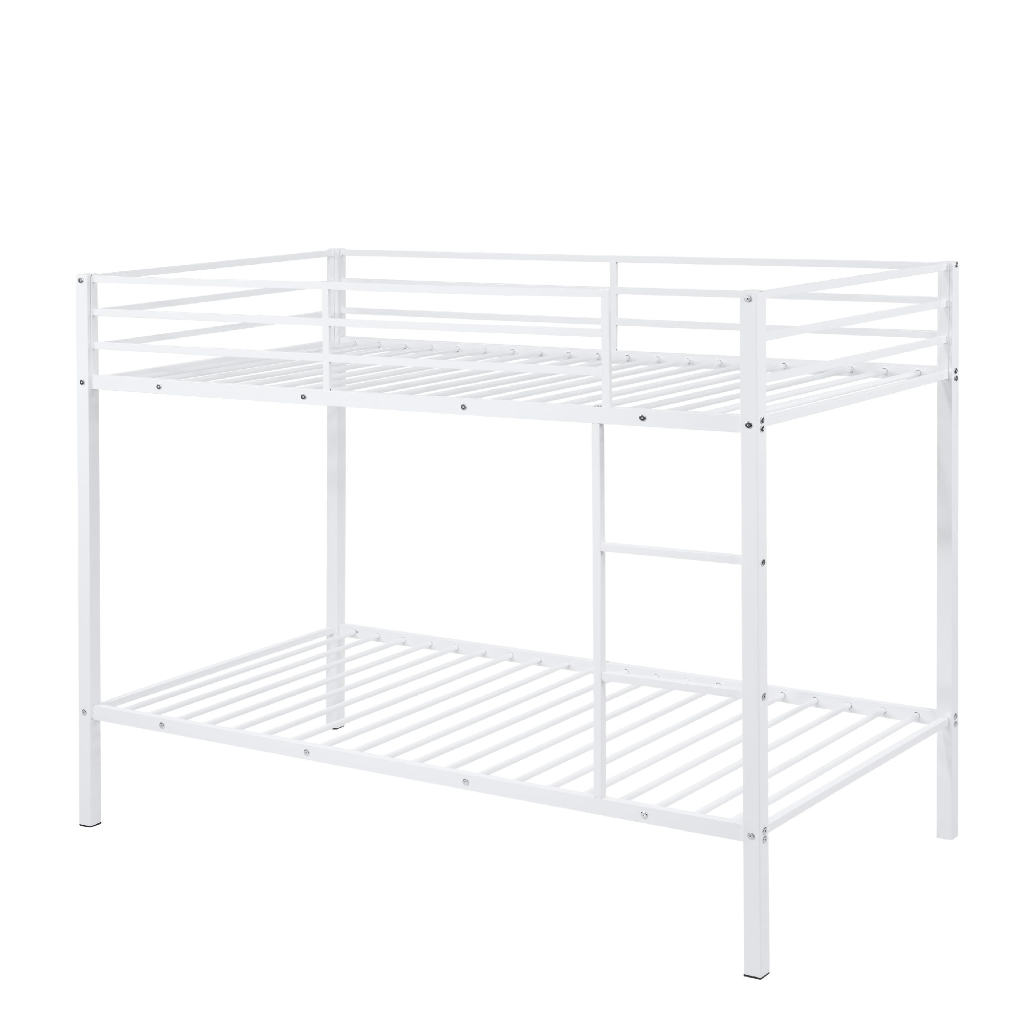 Metal Bunk Bed Twin Over Twin, Low Profile Bunk Bed Frame WithBuilt-in Ladder, High Guardrail And Metal Slats, Space-Saving Twin Size Bed Frame For Kids Teens, No Box Spring Required, White_voghion.com